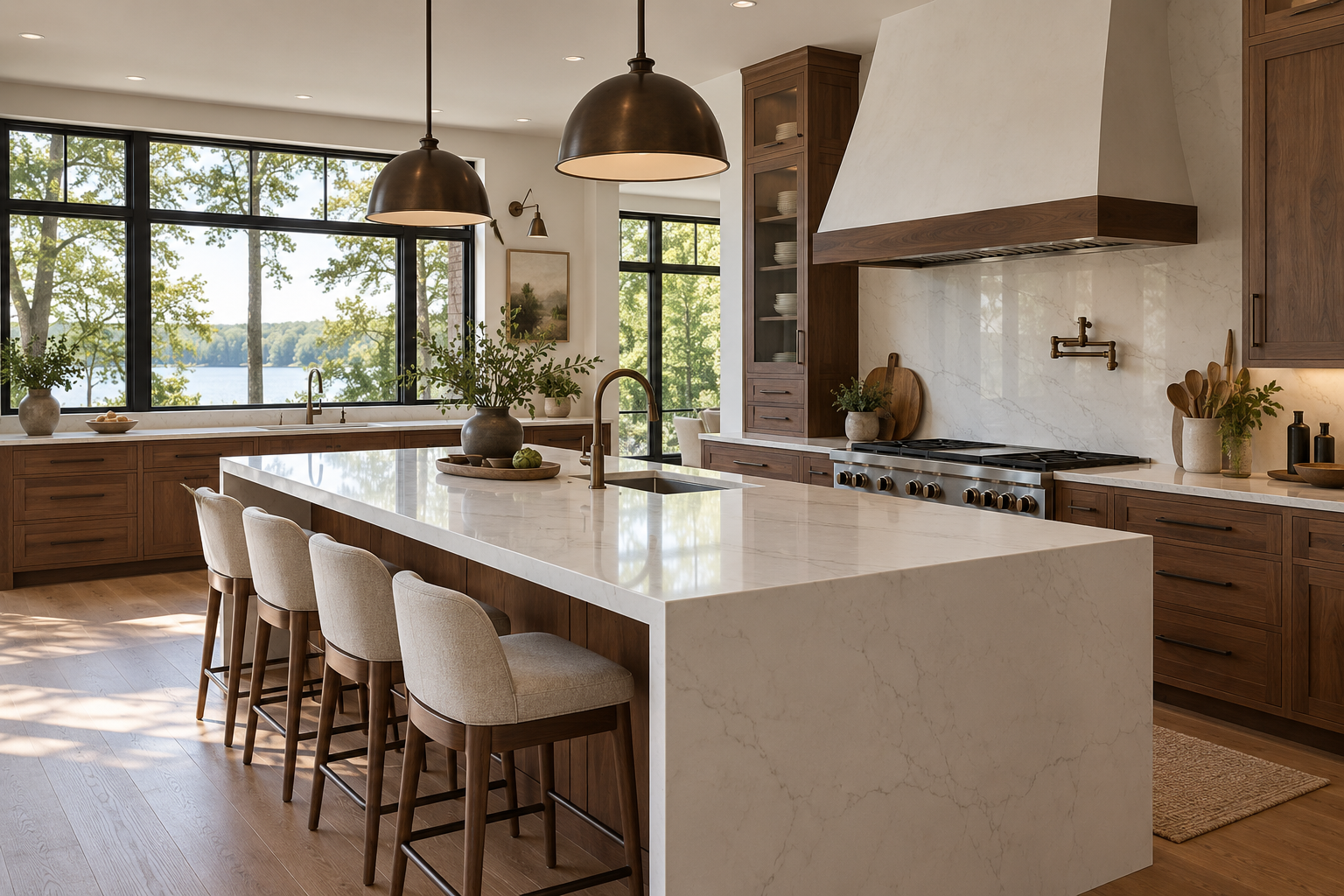 Kitchen renovation inspiration with walnut cabinets and quartz counters